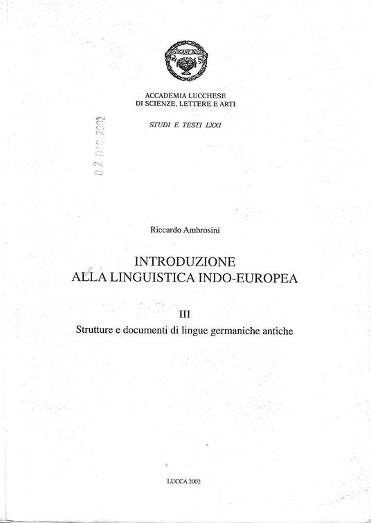 Introduzione alla linguistica indo-europea, III : Strutture e documenti di lingue germaniche antiche - Riccardo Ambrosini - copertina