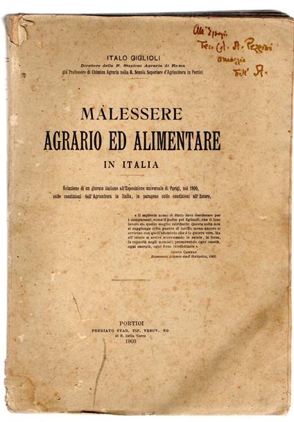 Malessere agrario ed alimentare in Italia: relazione di un giurato italiano all'Esposizione universale di Parigi, nel 1900, sulle condizioni dell' agricoltura in Italia - Italo Giglioli - copertina