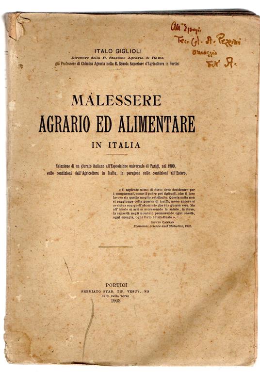 Malessere agrario ed alimentare in Italia: relazione di un giurato italiano all'Esposizione universale di Parigi, nel 1900, sulle condizioni dell' agricoltura in Italia - Italo Giglioli - copertina