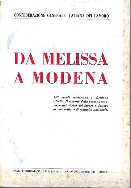 Da Melissa a Modena (Confederazione Generale Italiana del Lavoro) - copertina