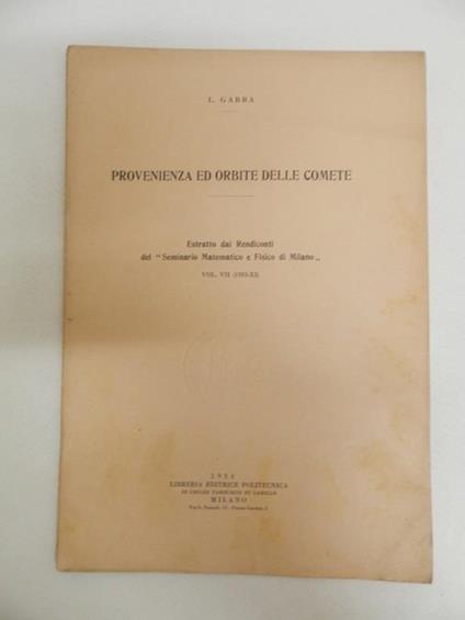 Provenienza ed orbite delle comete - Luigi Gabba - copertina