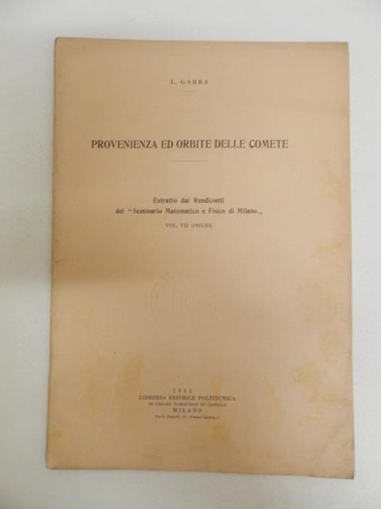 Provenienza ed orbite delle comete - Luigi Gabba - copertina