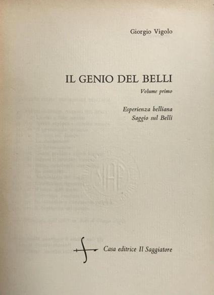 Il Genio Del Belli - Giorgio Vigolo - copertina
