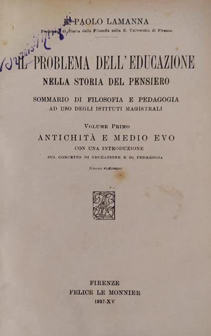 Il Problema Dell'Educazione Nella Storia Del Pensiero - E. Paolo Lamanna - copertina
