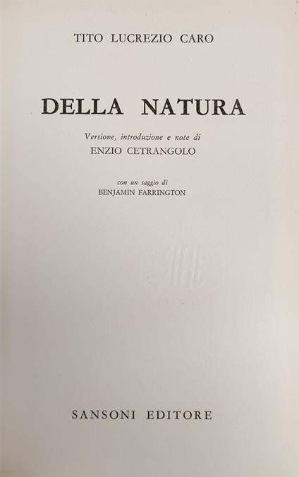 Della Natura - Tito Lucrezio Caro - copertina