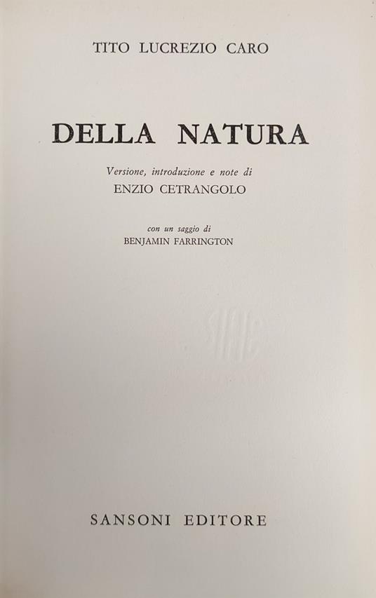 Della Natura - Tito Lucrezio Caro - copertina
