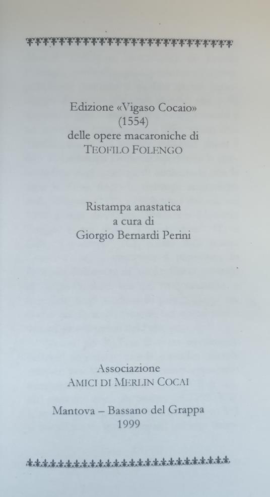 Edizione "Vigaso Cocaio" (1554) Delle Opere Macaroniche - Teofilo Folengo - copertina