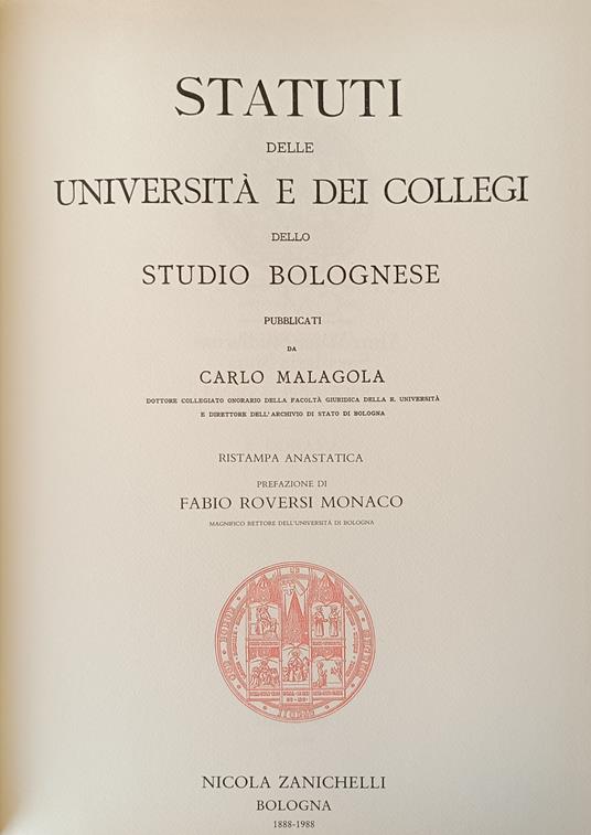Statuti Delle Università E Dei Collegi Dello Studio Bolognese - Carlo Malagola - copertina