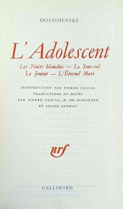 L' Adolescent. Les Nuits Blanches. Le Sous-Sol. Le Joueur. L' Eternel Mari - copertina
