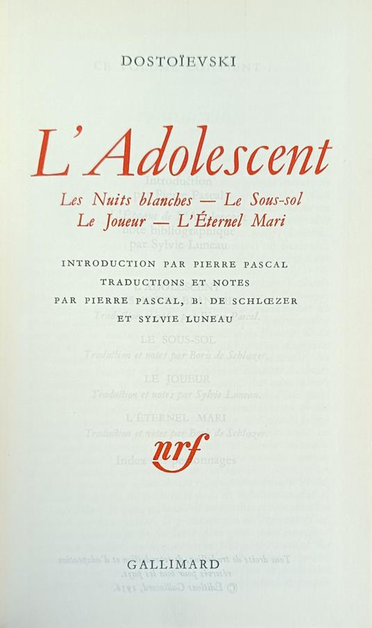 L' Adolescent. Les Nuits Blanches. Le Sous-Sol. Le Joueur. L' Eternel Mari - copertina