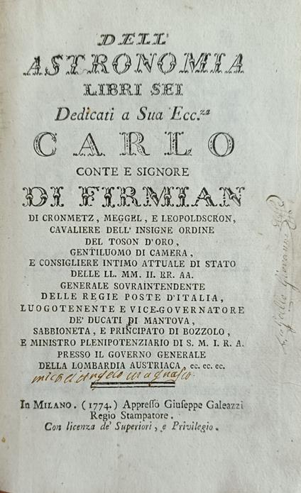 Dell' Astronomia Libri Sei. Dedicati A S. E. Carlo Conte Di Firmian - copertina