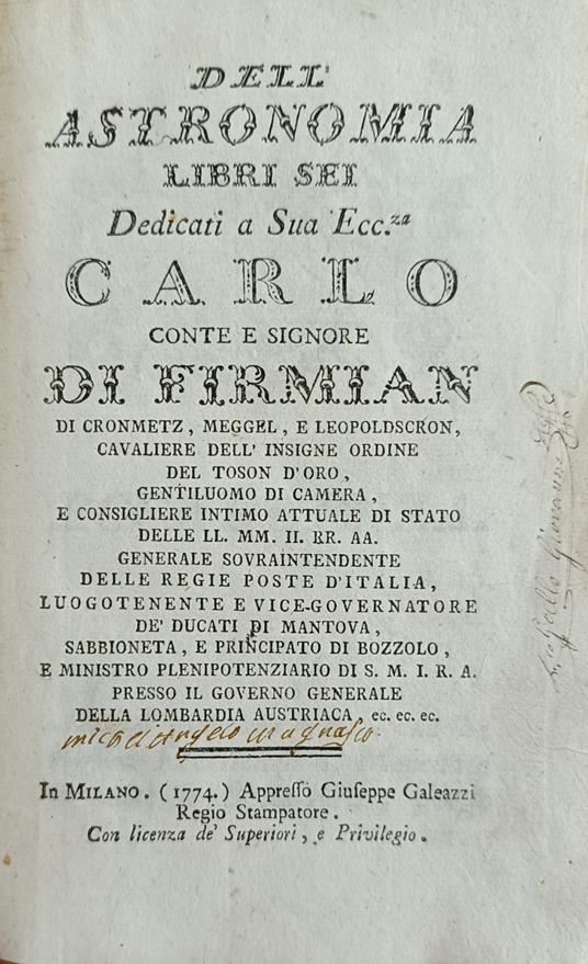 Dell' Astronomia Libri Sei. Dedicati A S. E. Carlo Conte Di Firmian - copertina