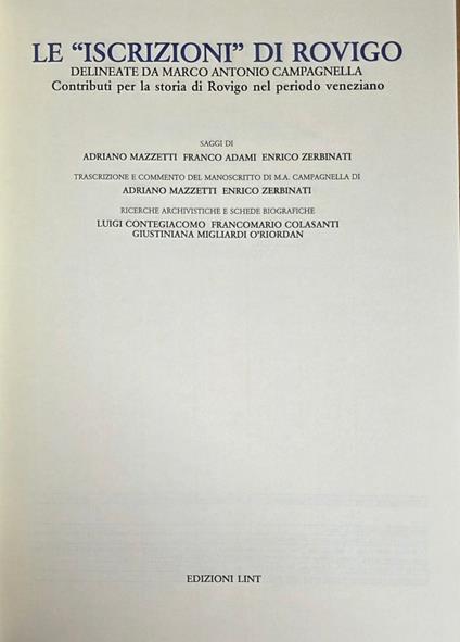 Le Iscrizioni Di Rovigo Delineate Da Marco Antonio Campagnella. Contributi Per La Storia Di Rovigo Nel Periodo Veneziano - copertina
