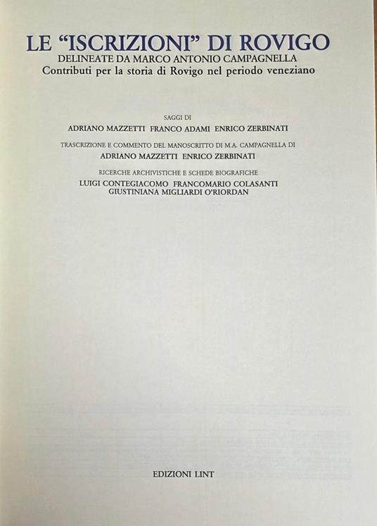 Le Iscrizioni Di Rovigo Delineate Da Marco Antonio Campagnella. Contributi Per La Storia Di Rovigo Nel Periodo Veneziano - copertina