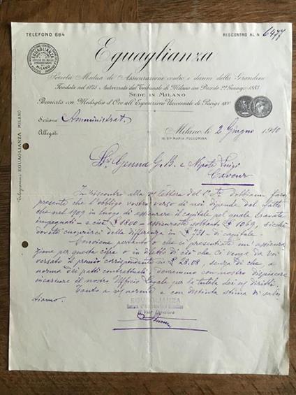 Lettera Commerciale Soc. Assicurazione Eguaglianza Milano 1910 - E21935 - copertina