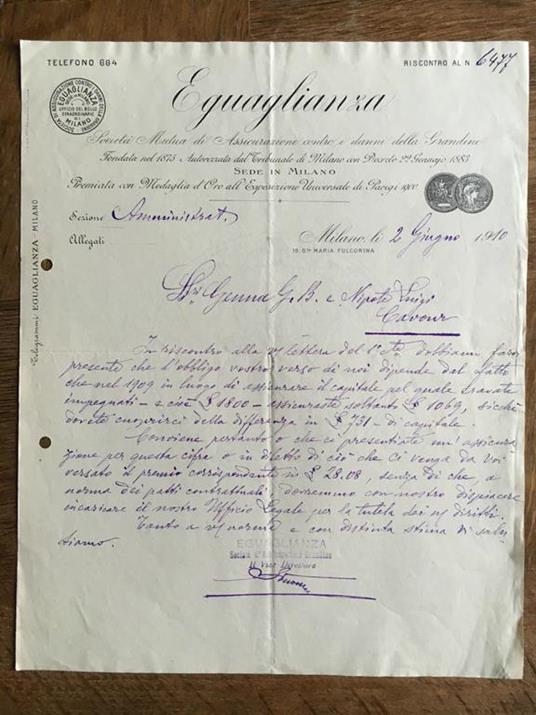 Lettera Commerciale Soc. Assicurazione Eguaglianza Milano 1910 - E21935 - copertina