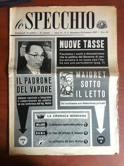 lo Specchio Anno II n° 3 Dom. 17 Gennaio 1959 Cover: Ing. Mattei - E17602 - copertina