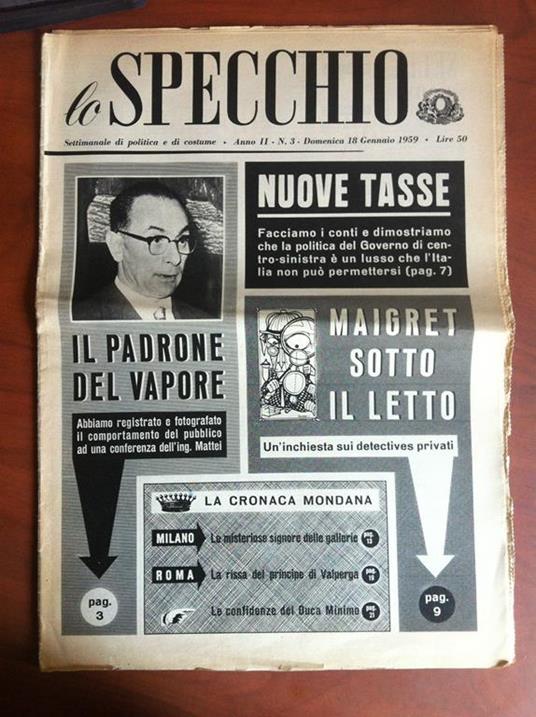 lo Specchio Anno II n° 3 Dom. 17 Gennaio 1959 Cover: Ing. Mattei - E17602 - copertina