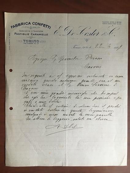 Lettera commerciale originale E. De Coster & C. Torino 1929 - E22012 - copertina