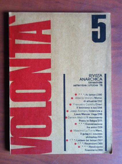 Volontà n° 5 Settembre/Ottobre 1978 Rivista Anarchica E11116 - copertina