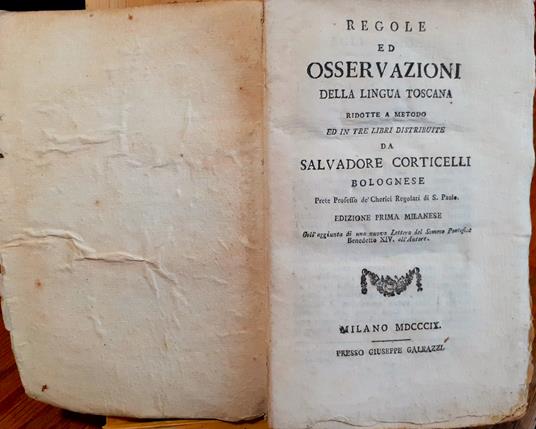 Regole ed osservazioni della lingua toscana ridotte a metodo ed in tre libri distribuite - Salvatore Corticelli - copertina