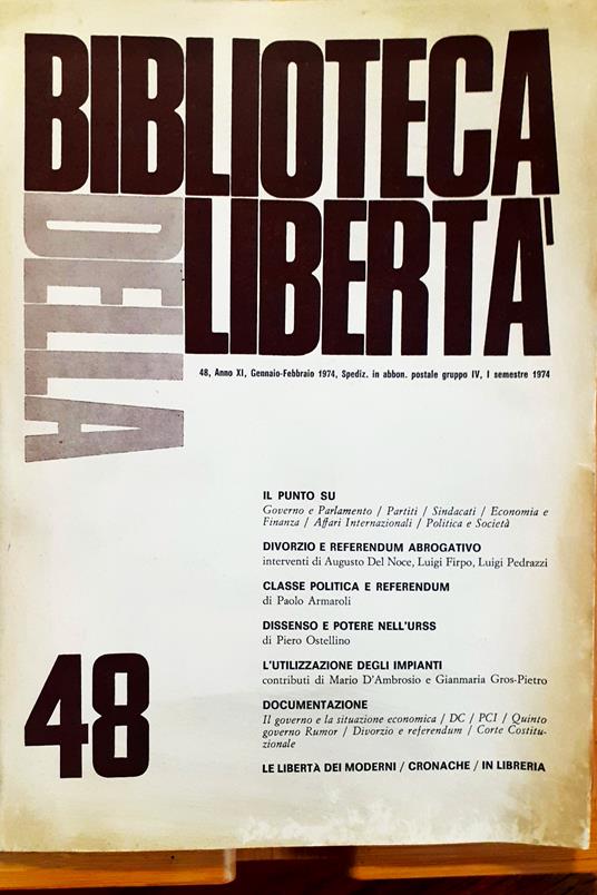 Biblioteca della libertà 48 (Anno XI, N. 48, I semestre 1974) - copertina