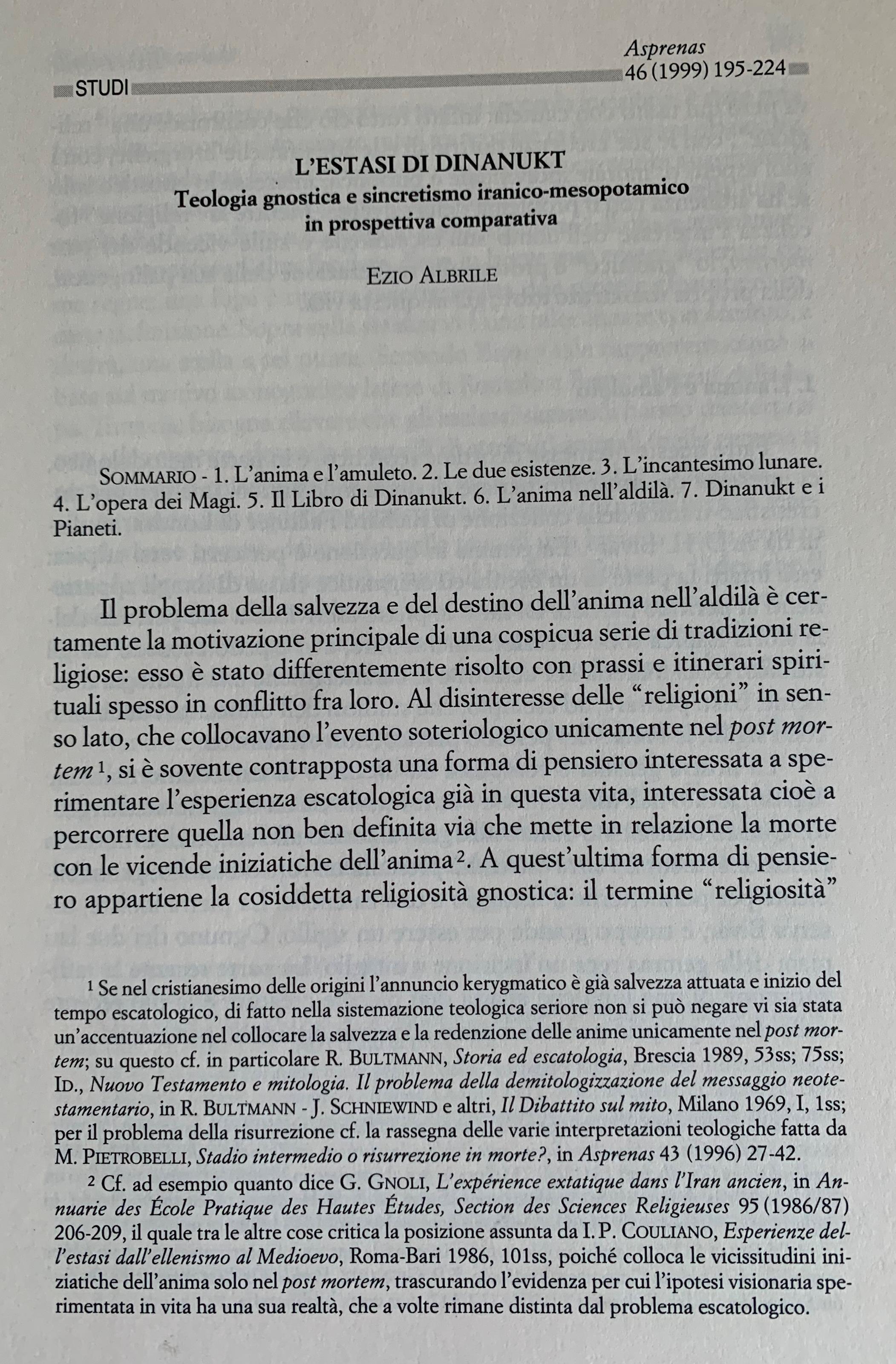 L' estasi di Dinanukt. Teologia gnostica e sincretismo iranico-mesopotamico in prospettiva comparativa (Rivista di Teologia Asprenas. Estratto dal Volume 46 Anno 1999)