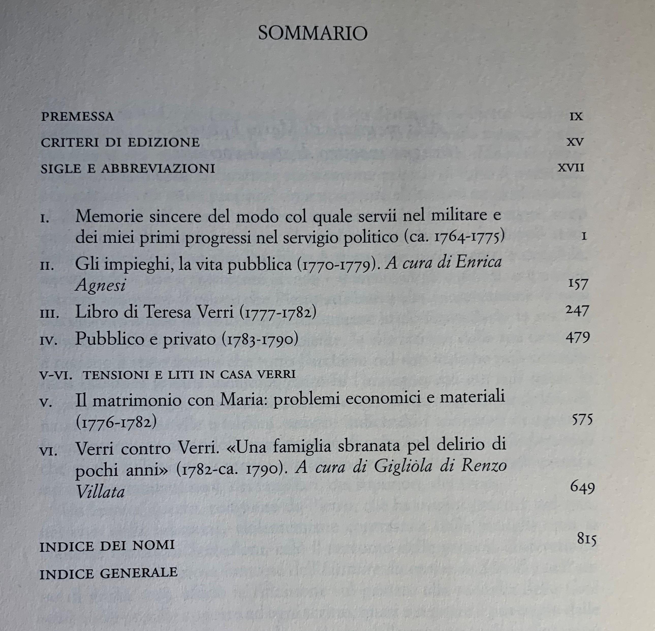 Edizione nazionale delle opere di Pietro Verri Volume V. Scritti di argomento familiare e autobiografico