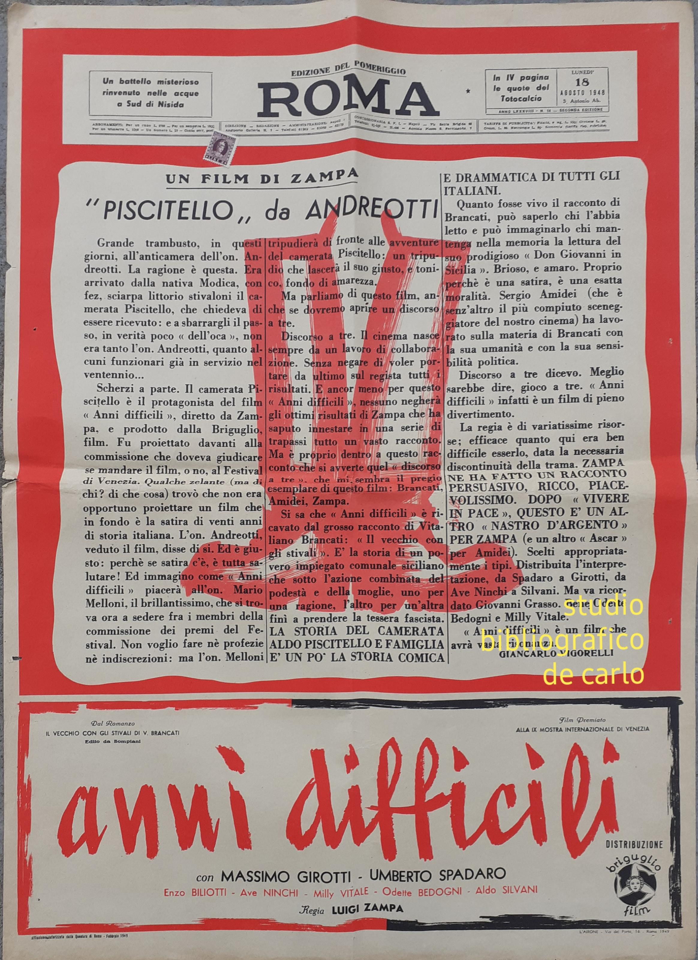 Poster film " anni difficili" premiato alla IX mostra internazionale di Venezia 1948