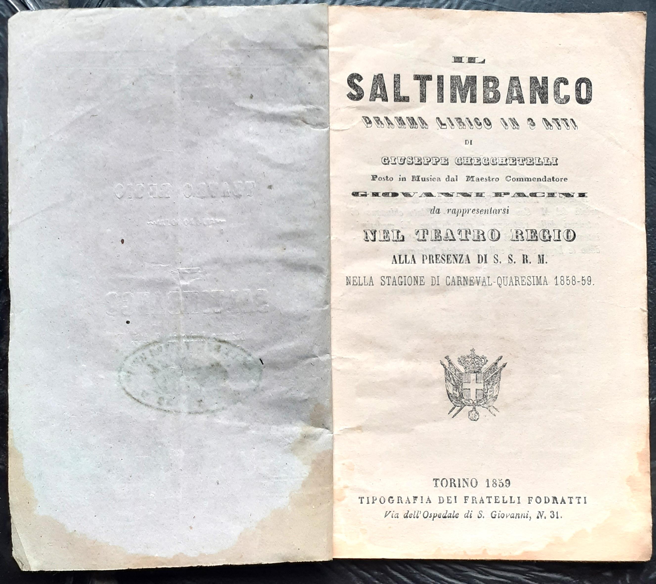 Dramma Lirico in tre atti Il Saltimbanco - Teatro Regio Torino 1858/59