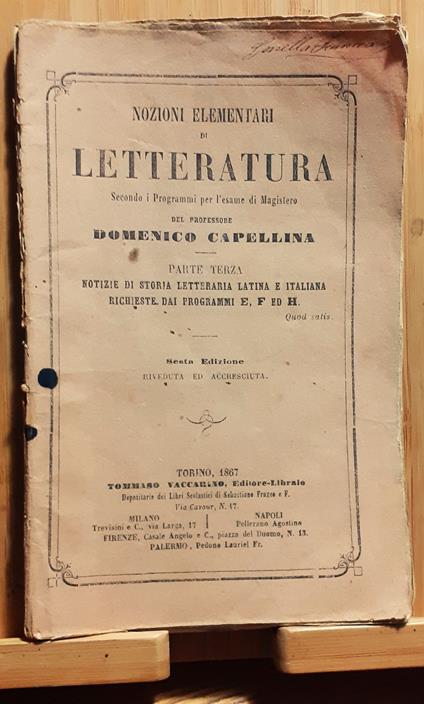 Nozioni elementari di letteratura del Maestro D, Capellina Torino 1867 - Domenico Campelli - copertina