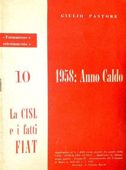 1958: anno Caldo la SISL e i fatti FIAT - Giulio Pastore - copertina