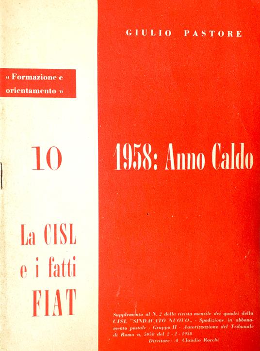 1958: anno Caldo la SISL e i fatti FIAT - Giulio Pastore - copertina