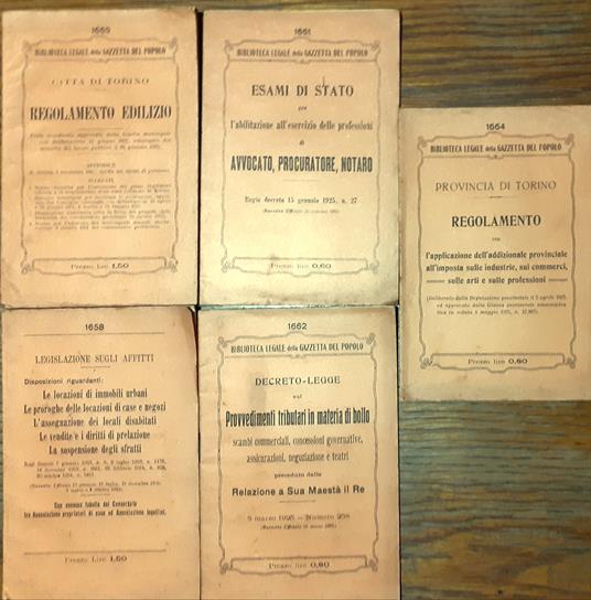 Cinque opuscoli legislativi Biblioteca Legale deella Gazzetta del Popolo 1925 - copertina