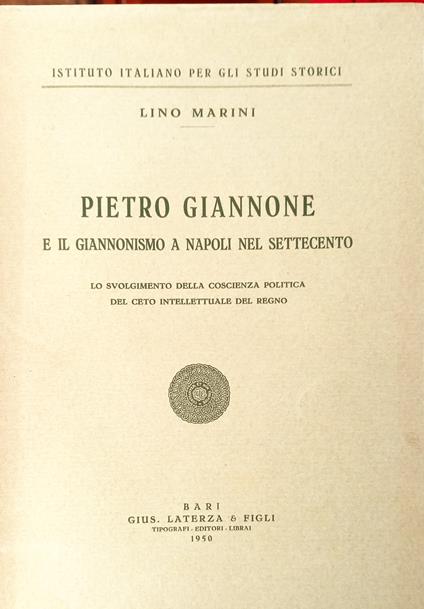 Pietro Giannone e il Giannonismo a Napoli nel settecento - copia autografata - Lino Marini - copertina
