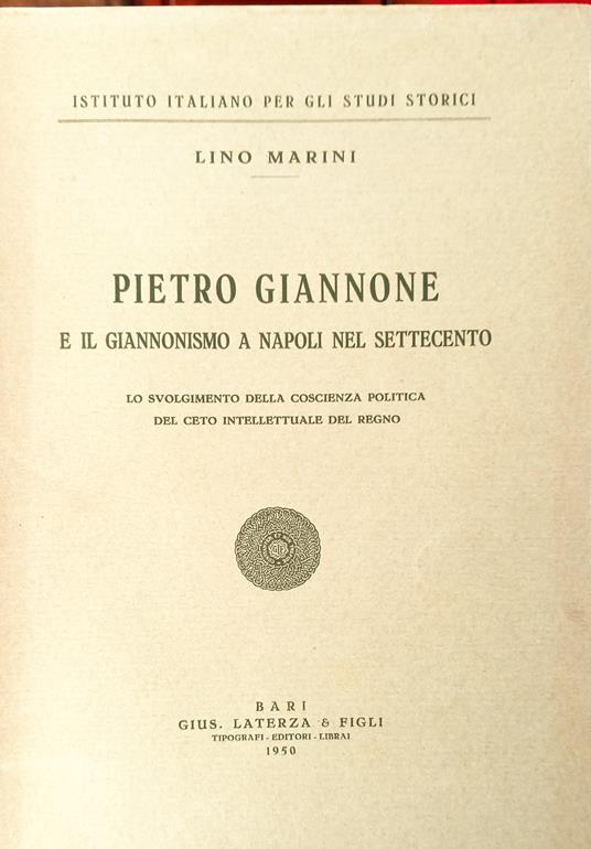 Pietro Giannone e il Giannonismo a Napoli nel settecento - copia autografata - Lino Marini - copertina