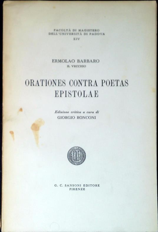 Orationes contra poetas Epistolae - Ermolao Barbaro - copertina