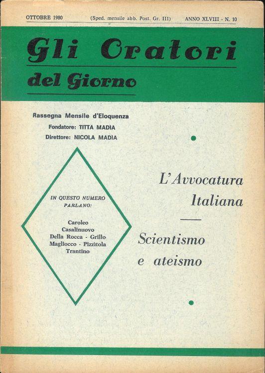 Gli Oratori del giorno rass. mensile d'eloquenza Anno ( Ott. 1980 ) XLVIII n.10 - copertina