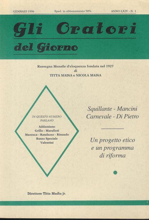 Gli Oratori del giorno rassegna mensile d'eloquenza Anno (Gen 1996) ) LXIV n.1 - copertina