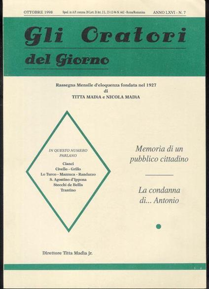 Gli Oratori del giorno rassegna mensile d'eloquenza Anno (Ott 1998) ) LXVI n.7 - copertina