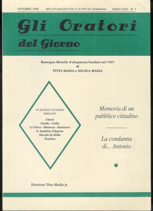 Gli Oratori del giorno rassegna mensile d'eloquenza Anno (Ott 1998) ) LXVI n.7 - copertina