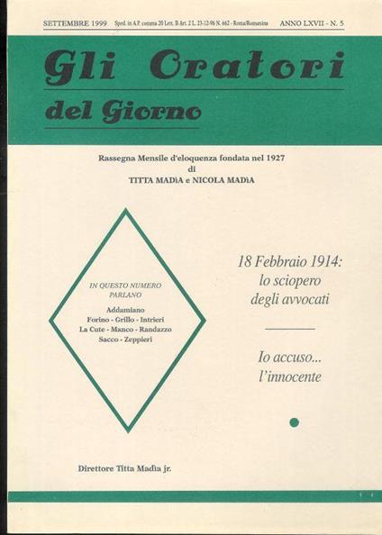 Gli Oratori del giorno rassegna mensile d'eloquenza Anno (Sett 1999) ) LXVII n.5 - copertina