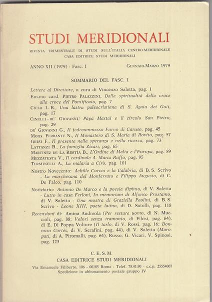 Studi meridionali. Anno 1979. Annata completa - copertina