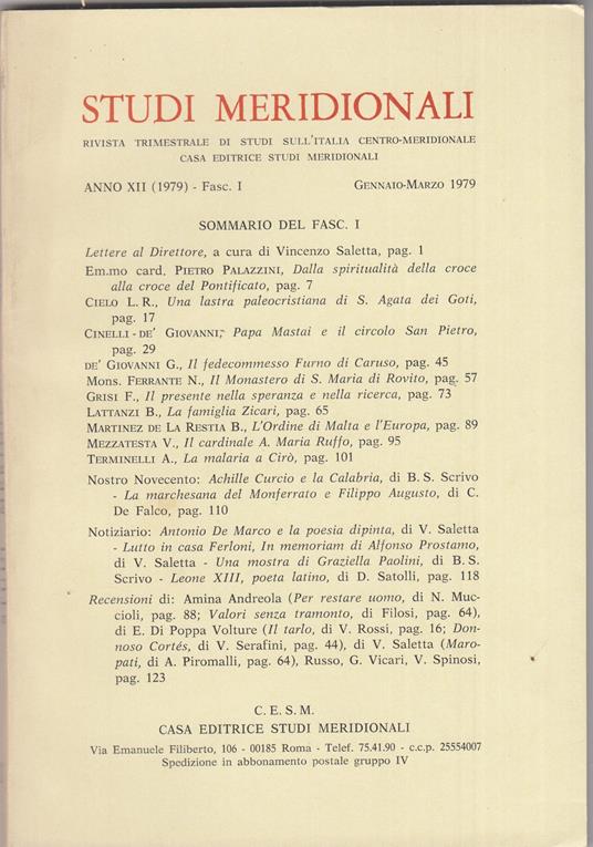 Studi meridionali. Anno 1979. Annata completa - copertina