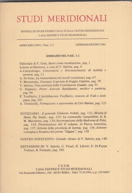 Studi meridionali. Anno 1981. Annata completa - copertina