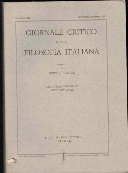Giornale critico della filosofia italiana-Fascicolo III Settembre-Dicembre 1987-Volume VII - Giovanni Gentile - copertina