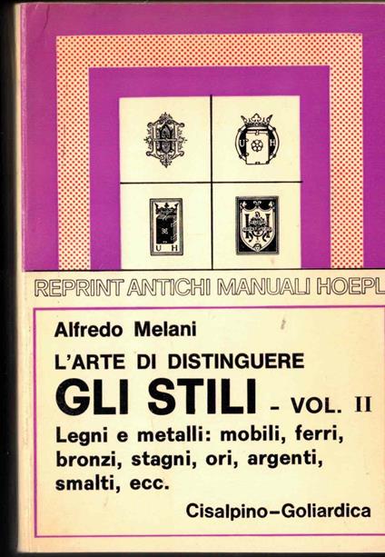 L' arte di distinguere gli stili. Vol. II. Legni e metalli. Legni (Mobili) Ferri, Bronzi, Stagni, Ori, Argenti, Smalti, ecc - Alfredo Melani - copertina