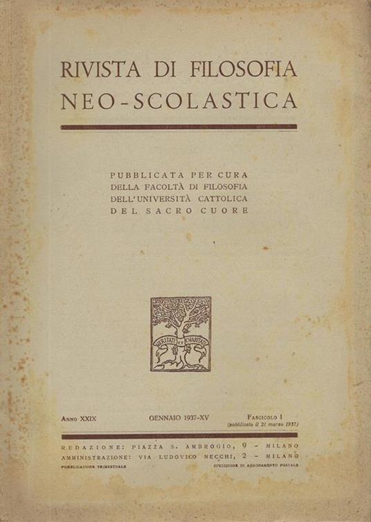 Rivista di filosofia neo-scolastica anno XXIX, fascicolo 1, gennaio 1937 - copertina