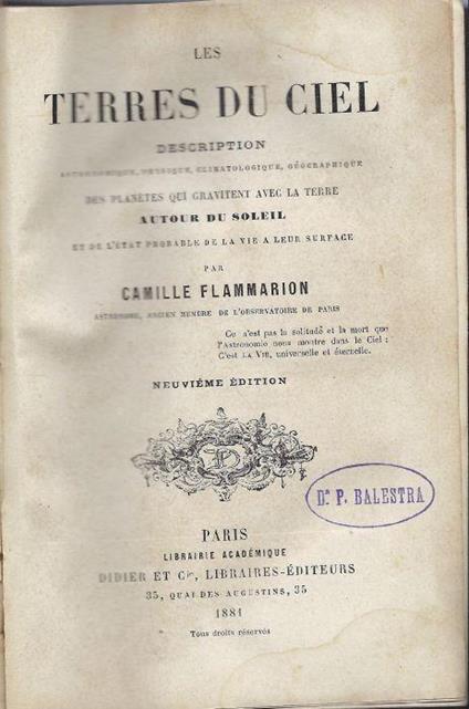 Les terres du ciel. Description astronomique, physique, climatologique, geographique des planetes qui gravitent avec la terre .. - Camille Flammarion - copertina