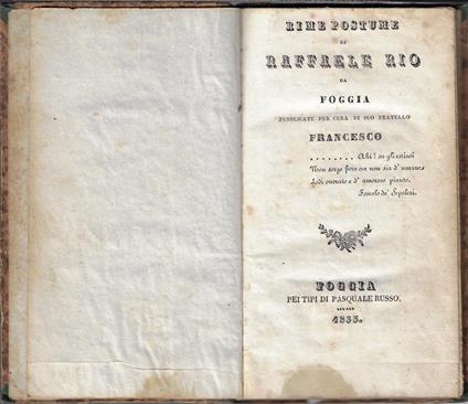 Rime postume di Raffaele Rio da Foggia - Raffaele Rio - copertina